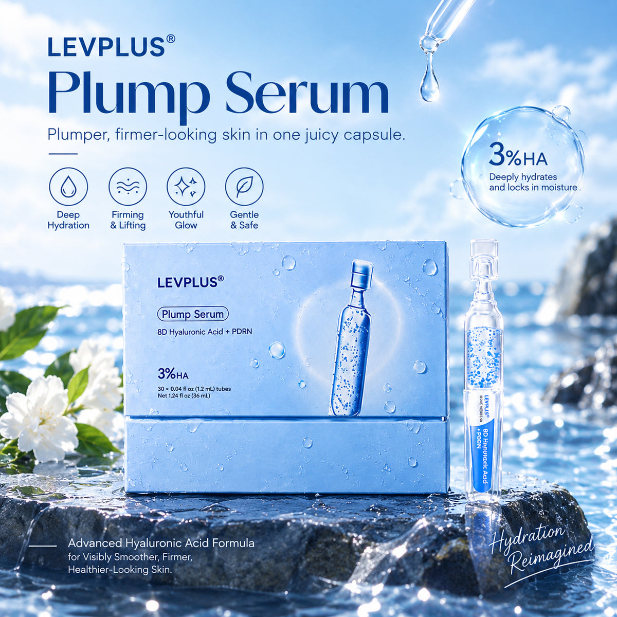 LEVPLUS Plump Serum - 3% 8D Hyaluronic Acid + PDRN for Deep Hydration & Firming