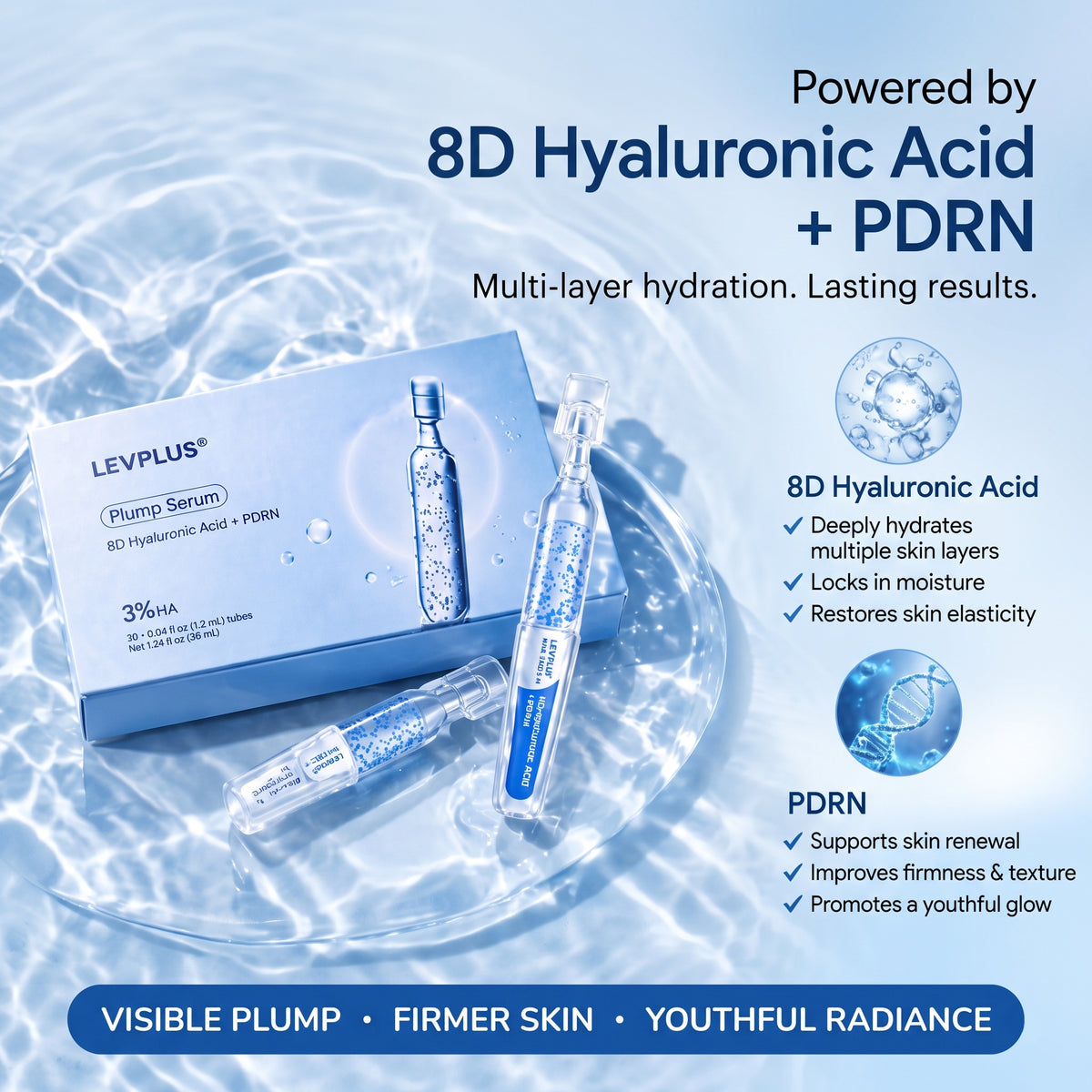 LEVPLUS Plump Serum - 3% 8D Hyaluronic Acid + PDRN for Deep Hydration & Firming