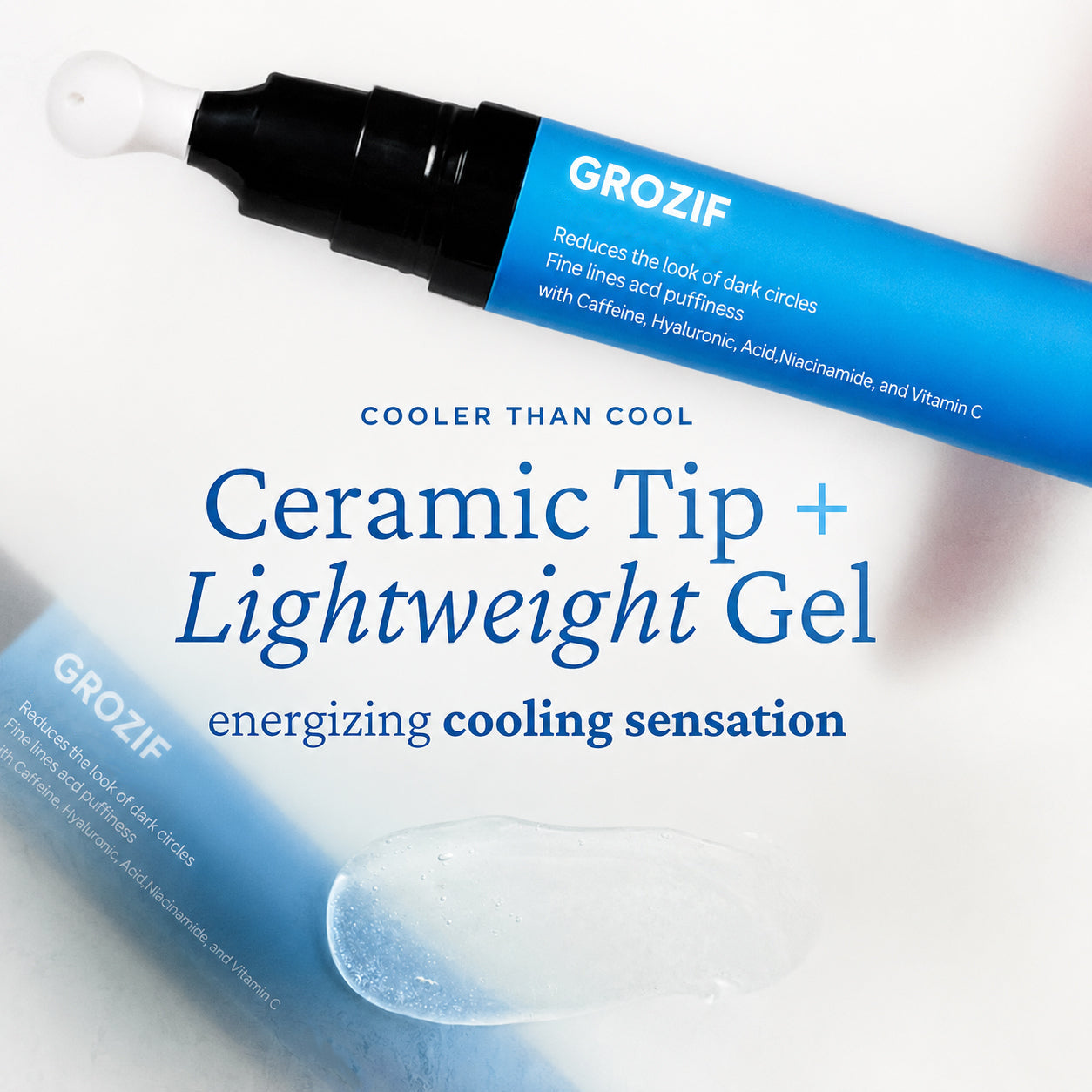 Cooling Eye Gel with Ceramic Tip | Caffeine, Niacinamide & Hyaluronic Acid Depuff Under Eye Treatment